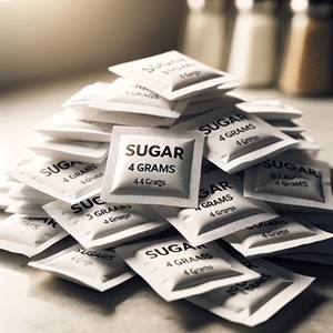 A visual comparison using sugar packets to represent the total sugar
                    content